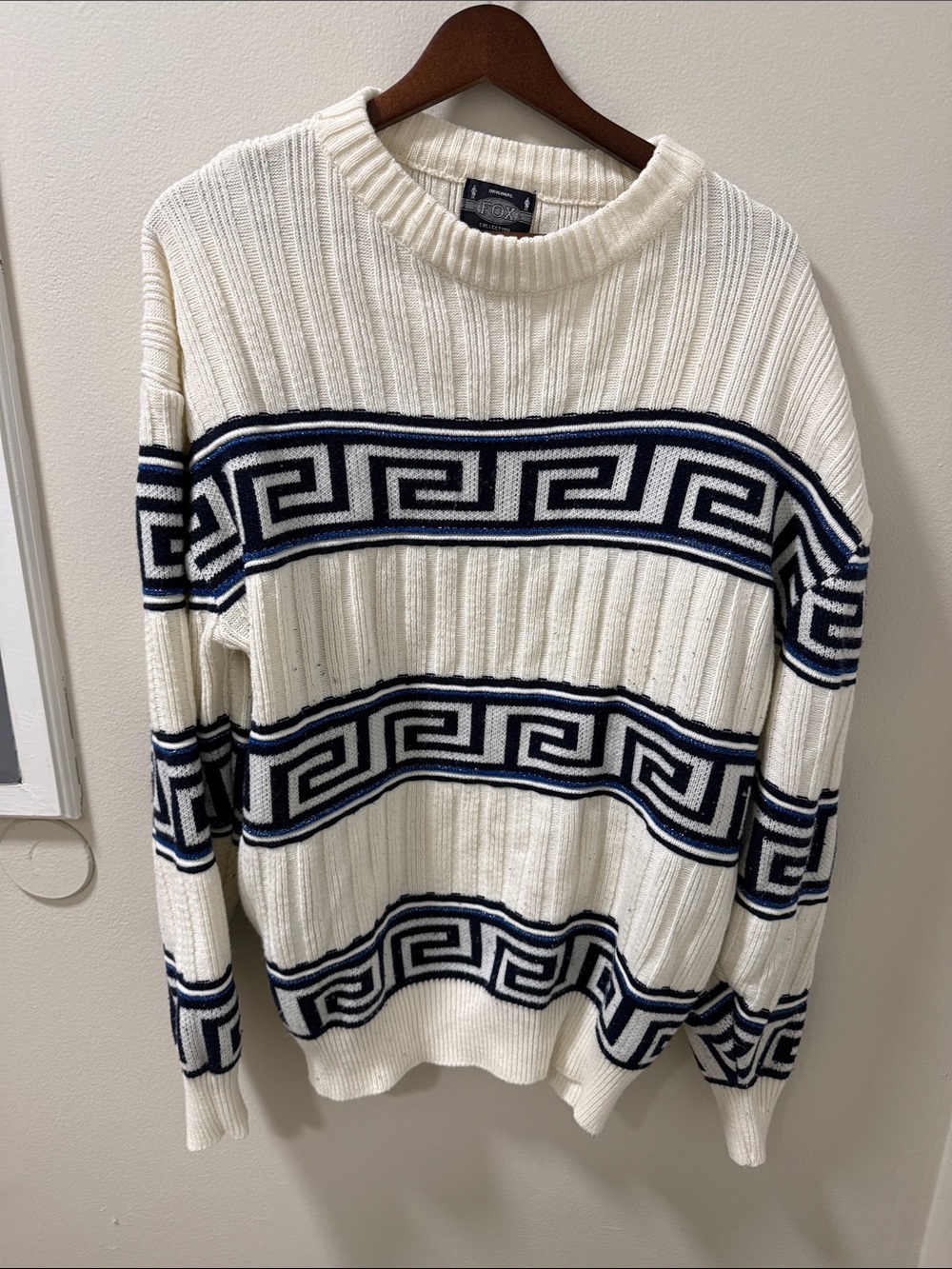 Men's Cream Crewneck Sweater with Navy Geometric Bands